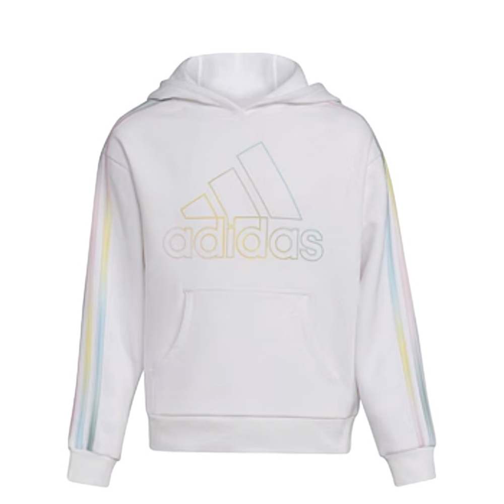 ADIDAS Girl’s White Fleece Pullover Hoodie with Rainbow Stripes  Size: M 10/12